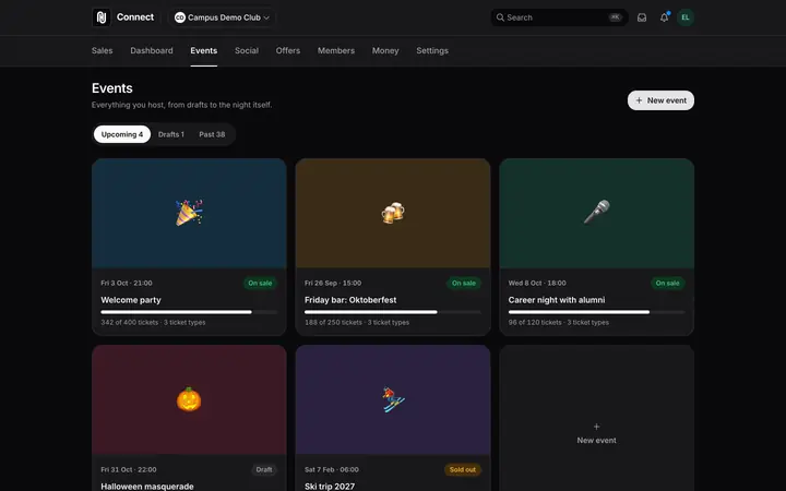The events overview in Happenings Connect