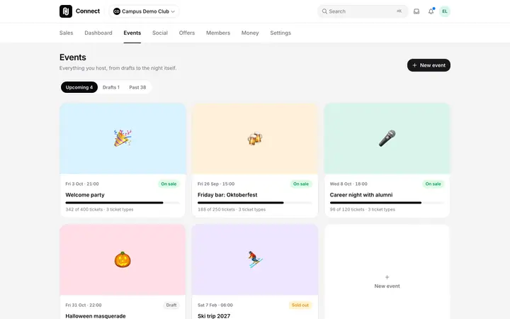 The events overview in Happenings Connect