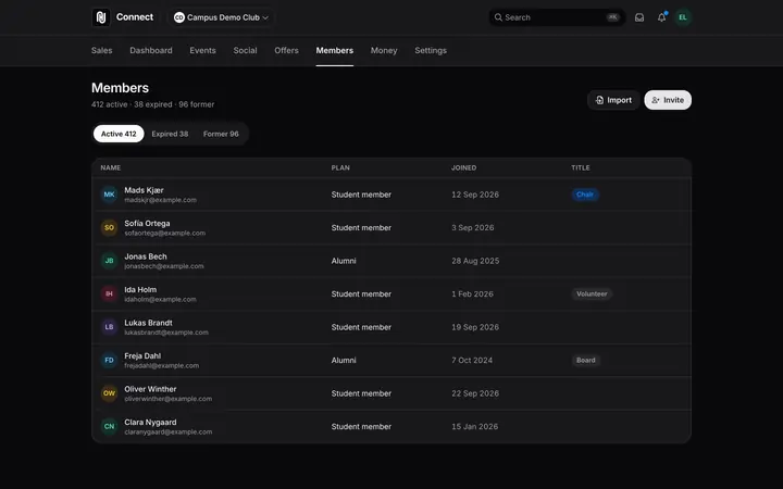 The member list in Happenings Connect