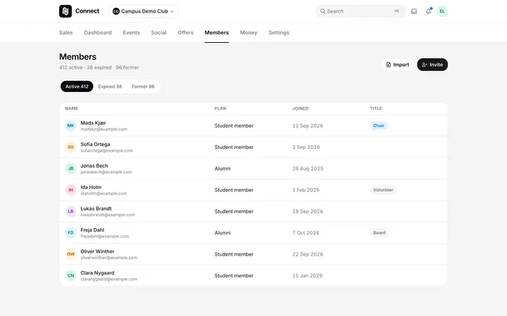 The member list in Happenings Connect