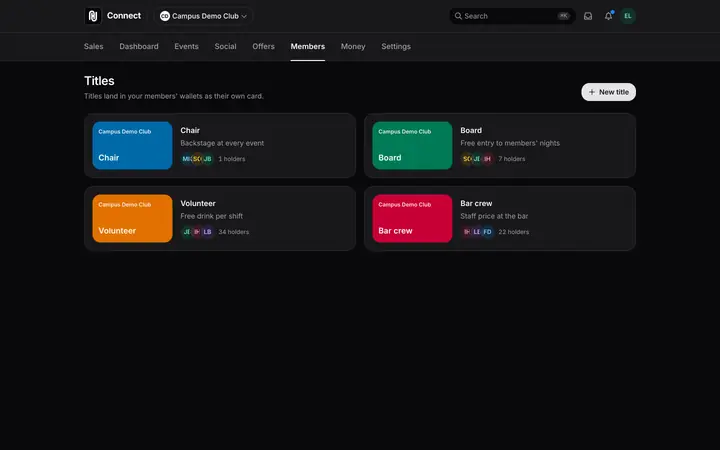 Titles like Chair, Board and Volunteer in Happenings Connect